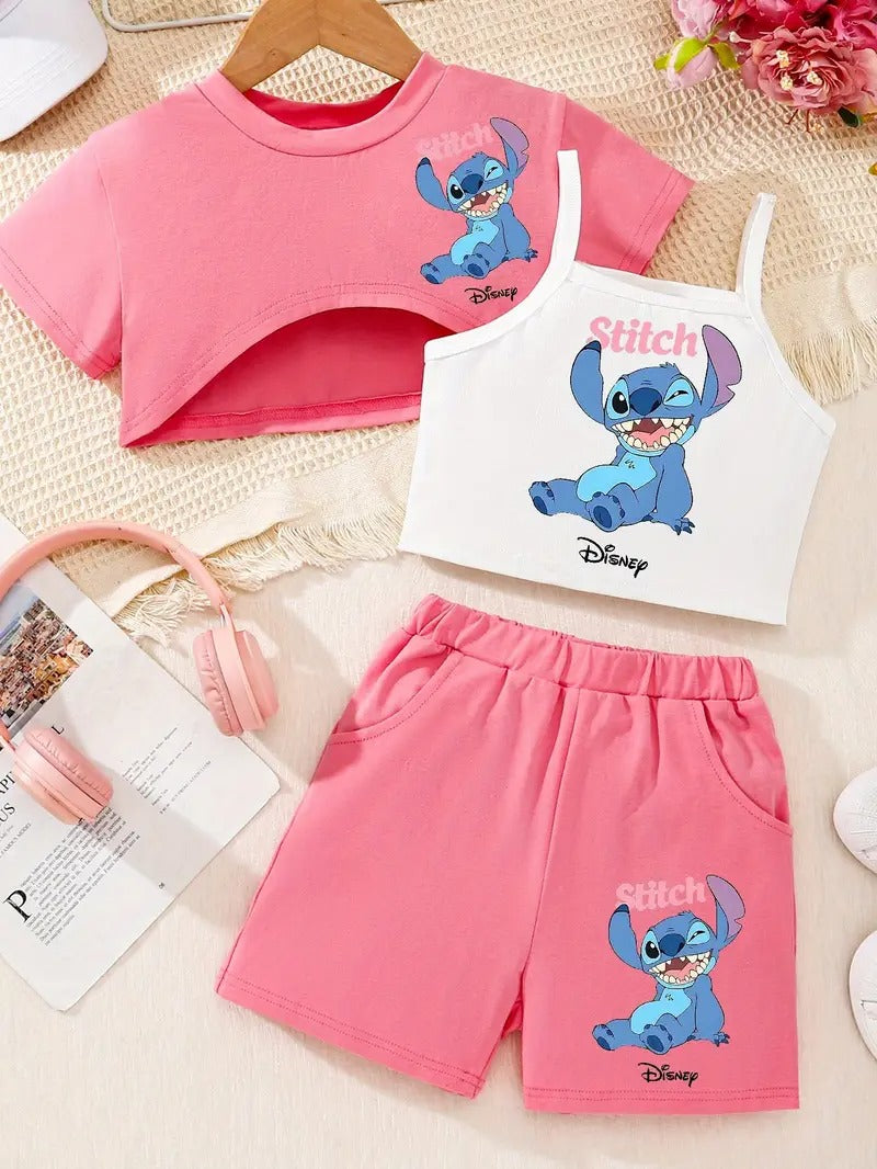 Tenue d'été 3 pièces Disney Stitch pour fille : ensemble haut court, débardeur et short pour s'amuser en plein air et se détendre.