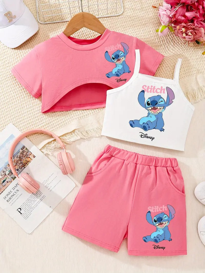 Tenue d'été 3 pièces Disney Stitch pour fille : ensemble haut court, débardeur et short pour s'amuser en plein air et se détendre.