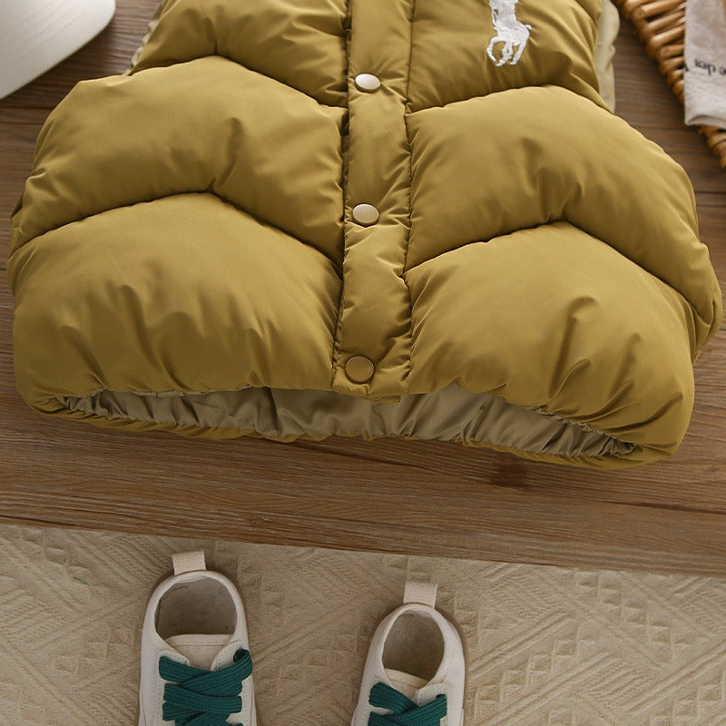 Children's winter hooded sweatshirt suit new style boy baby winter clothing plus velvet thickened vest three-piece set