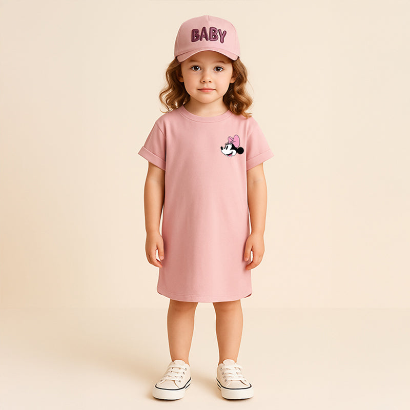 Pure Cotton Girls long shirt– Cartoon Summer home and out Dress with a matching hat