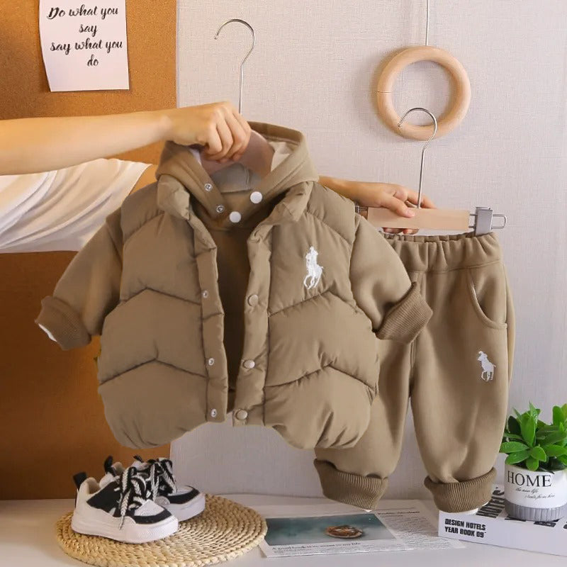Children's winter hooded sweatshirt suit new style boy baby winter clothing plus velvet thickened vest three-piece set