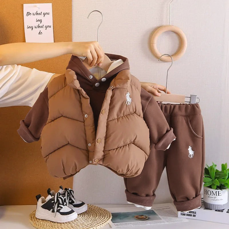 Children's winter hooded sweatshirt suit new style boy baby winter clothing plus velvet thickened vest three-piece set