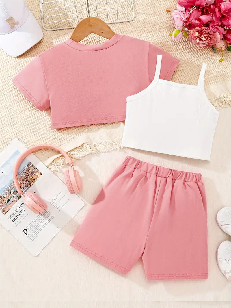 "Disney Stitch Girls' 3-Piece Summer Outfit – Crop Top, Tank & Shorts Set for Outdoor Fun & Casual Wear"