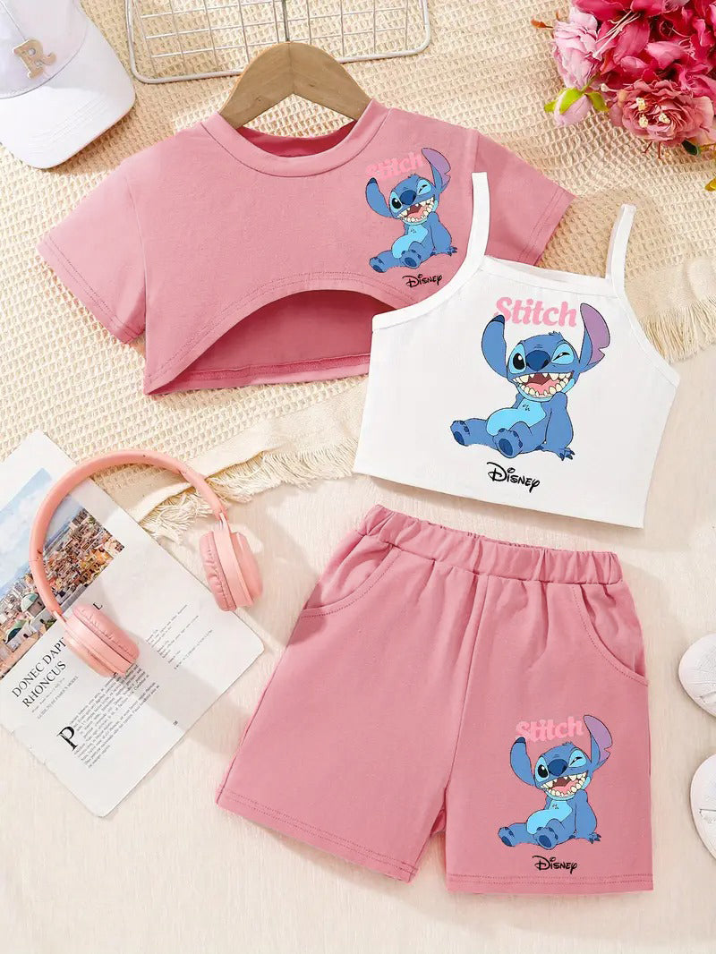 "Disney Stitch Girls' 3-Piece Summer Outfit – Crop Top, Tank & Shorts Set for Outdoor Fun & Casual Wear"