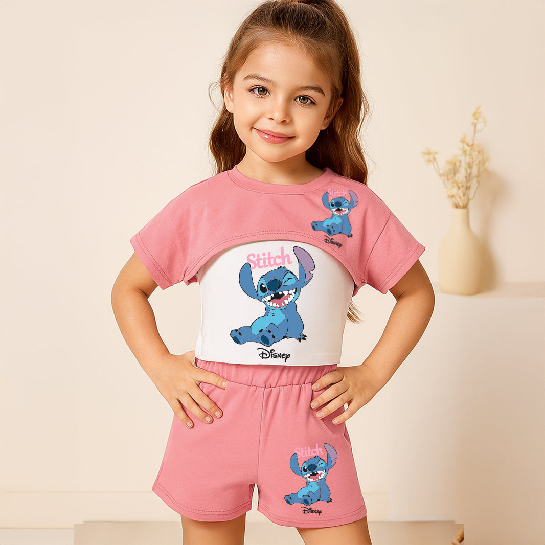 "Disney Stitch Girls' 3-Piece Summer Outfit – Crop Top, Tank & Shorts Set for Outdoor Fun & Casual Wear"