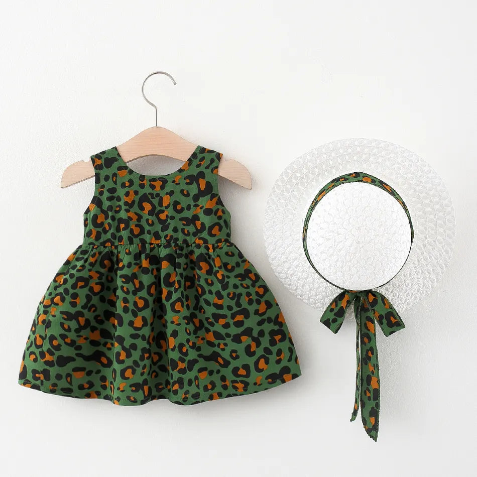 100% CottonTwo Pcs Green Leopard Square Neck Sleeveless Bowknot Dress with Hat Set - IRRAKI