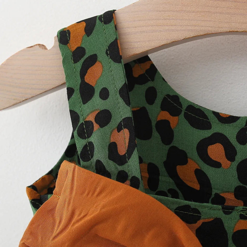 100% CottonTwo Pcs Green Leopard Square Neck Sleeveless Bowknot Dress with Hat Set - IRRAKI