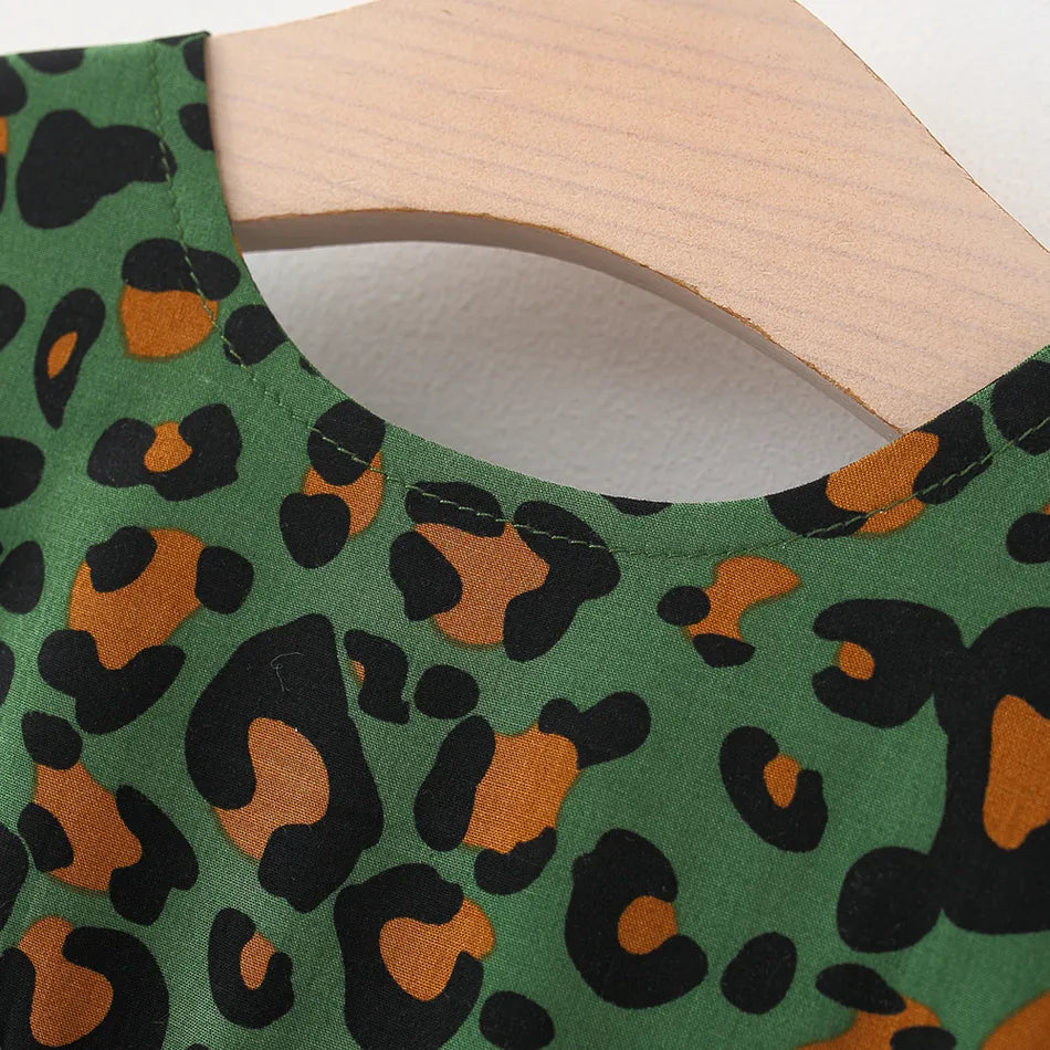 100% CottonTwo Pcs Green Leopard Square Neck Sleeveless Bowknot Dress with Hat Set - IRRAKI