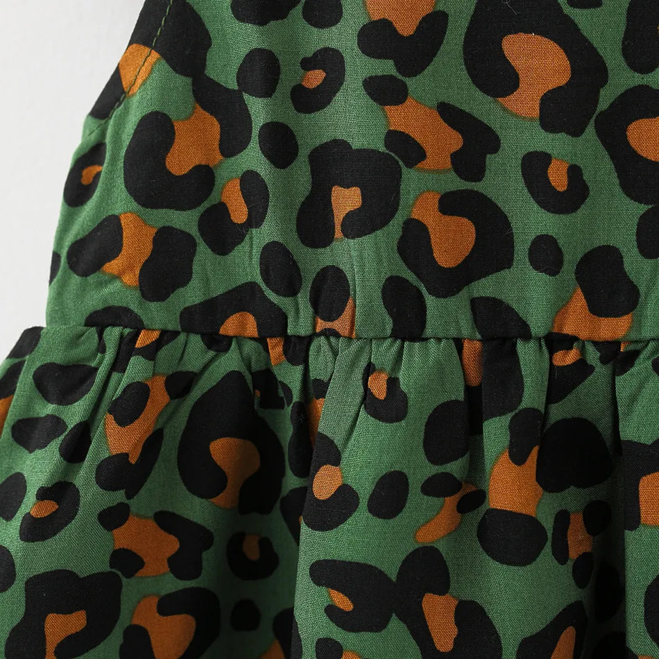 100% CottonTwo Pcs Green Leopard Square Neck Sleeveless Bowknot Dress with Hat Set - IRRAKI