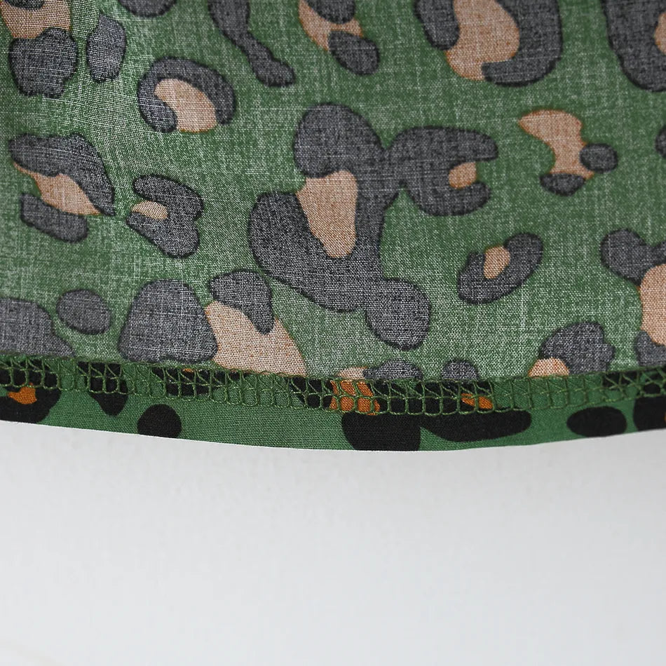 100% CottonTwo Pcs Green Leopard Square Neck Sleeveless Bowknot Dress with Hat Set - IRRAKI