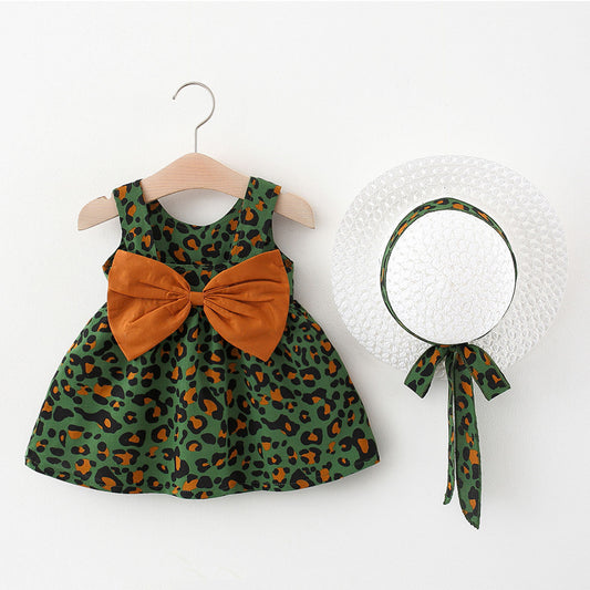 100% CottonTwo Pcs Green Leopard Square Neck Sleeveless Bowknot Dress with Hat Set