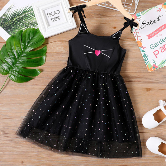 Cat Print Bowknot Design Heart Glitter Decor Mesh Splice Cami Dress
