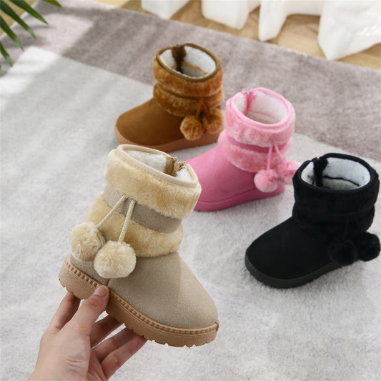 New Winter Furry Boots with Cute Hairball School Warm Fur Shoes