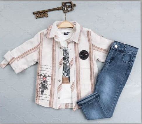 Triple Threat Kid's Fashion Set: Jeans, Cool Print T-Shirt, and Trendy Buttoned Top - IRRAKIDS