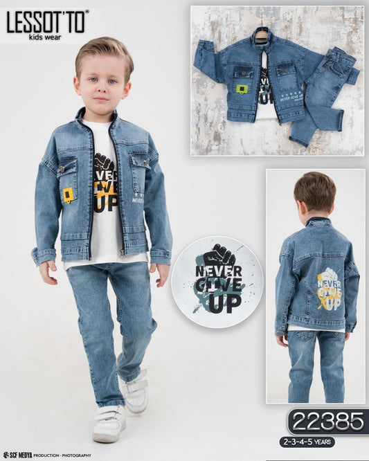 "Never Give Up" Spring and Fall Kids Clothing Set with Jean Pants, T-Shirt, and Light Jean Jacket