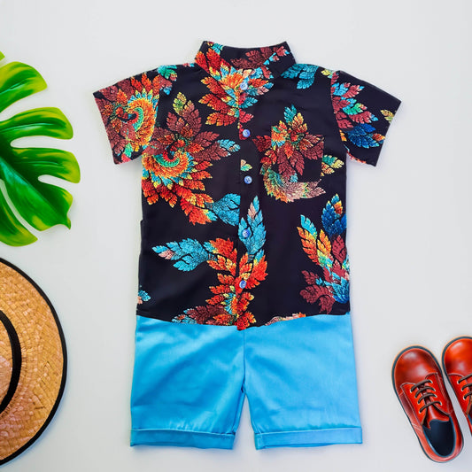 Kids' Summer Fun Set: Button-Up Shirt with Colorful Print and Cool Cyan Shorts - IRRAKIDS