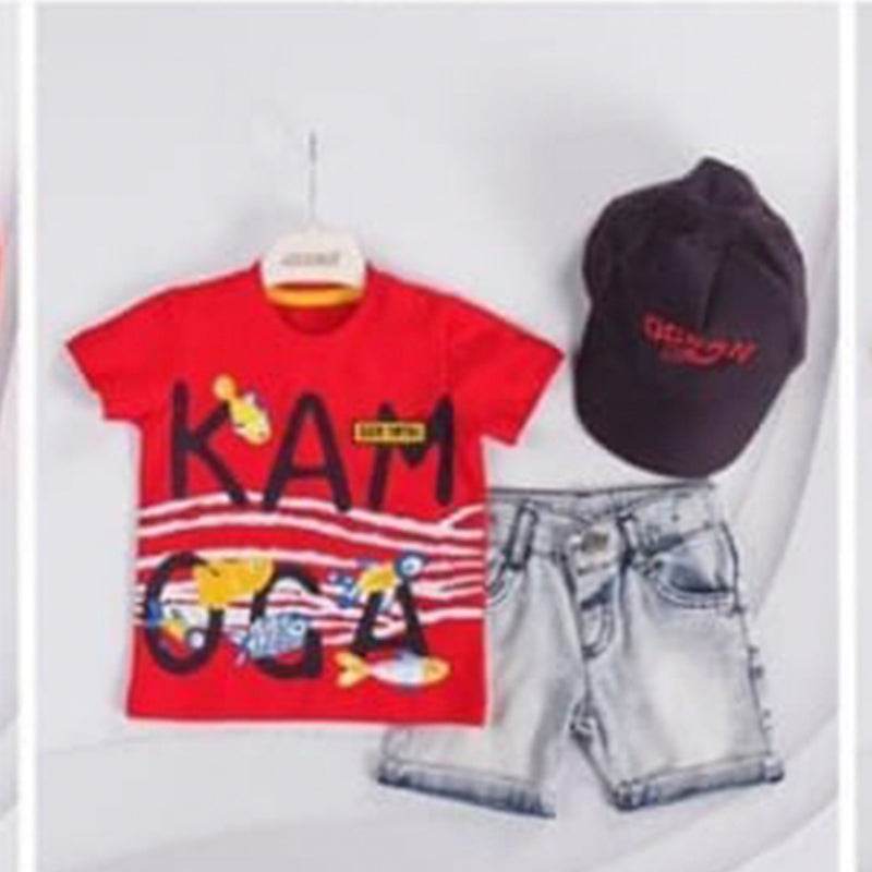 3 pcs Summer Fun Essentials: Printed T-Shirt, Denim Shorts & Stylish Sun Hat - IRRAKIDS
