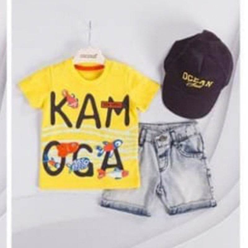 3 pcs Summer Fun Essentials: Printed T-Shirt, Denim Shorts & Stylish Sun Hat - IRRAKIDS