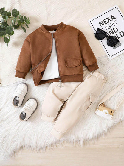 Stylish Baby Boy Suede Jacket & Cargo Pants Set – Cozy & Trendy Outfit for All Seasons - IRRAKIDS