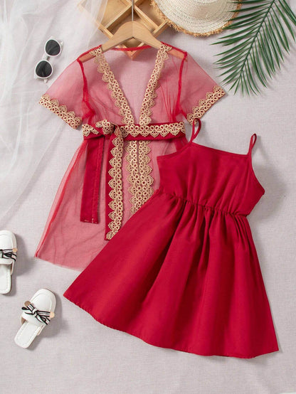 Lace Dreams: A Young Girl's Perspective Mesh Jacket and Slip Dress Ensemble - IRRAKIDS