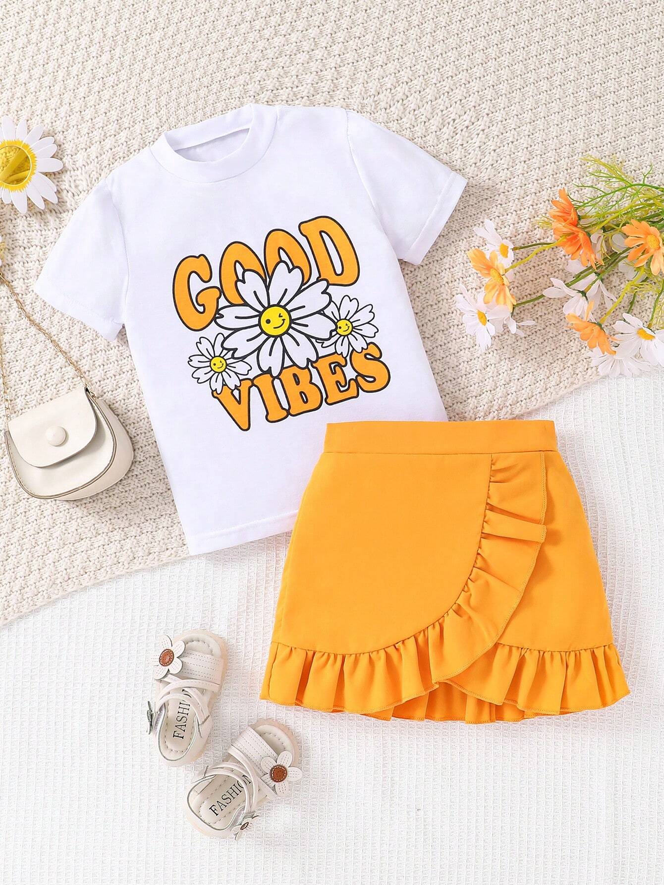 Floral Dreams : Ensemble t-shirt graphique et jupe à volants pour fille