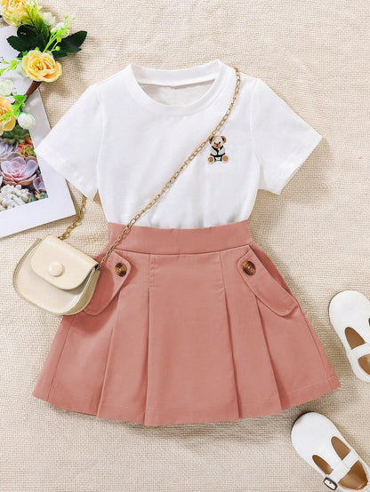 Adorable Two-Piece Toddler Girl Ensemble: Pleated Pocket Casual Cartoon Color Blocks