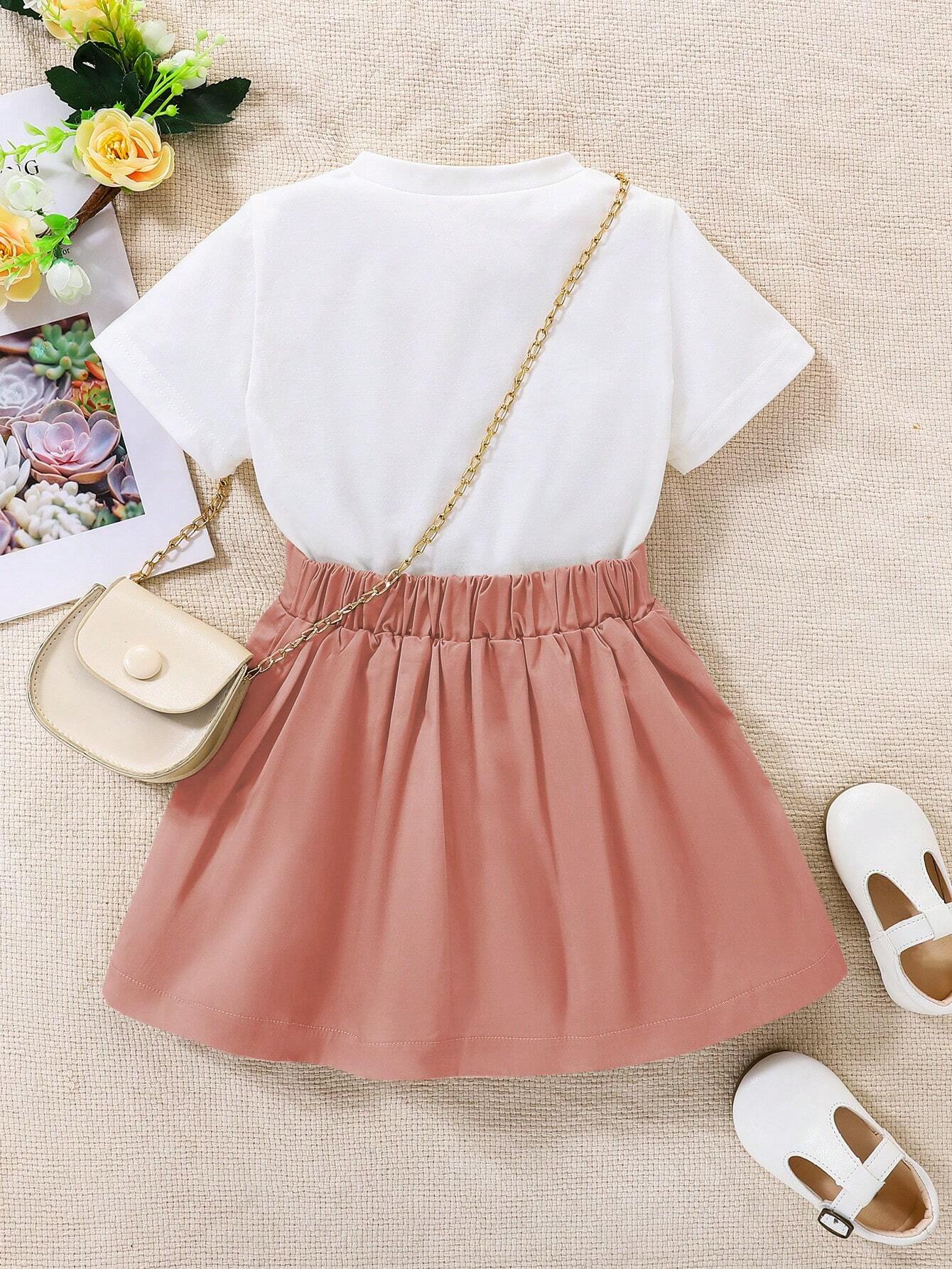 Adorable Two-Piece Toddler Girl Ensemble: Pleated Pocket Casual Cartoon Color Blocks