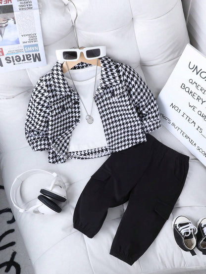 Ensemble pour  garçon Playful Pals – Surchemise élégante à imprimé pied-de-poule + pantalon noir assorti, tenue décontractée et élégante pour le printemps et l'automne