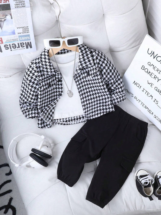 Ensemble pour  garçon Playful Pals – Surchemise élégante à imprimé pied-de-poule + pantalon noir assorti, tenue décontractée et élégante pour le printemps et l'automne