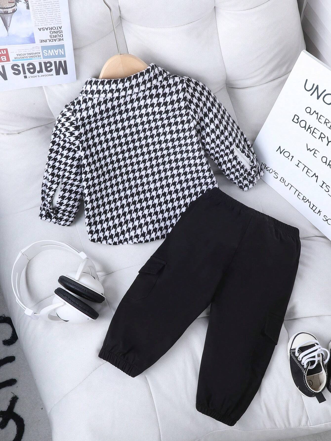 Ensemble pour  garçon Playful Pals – Surchemise élégante à imprimé pied-de-poule + pantalon noir assorti, tenue décontractée et élégante pour le printemps et l'automne