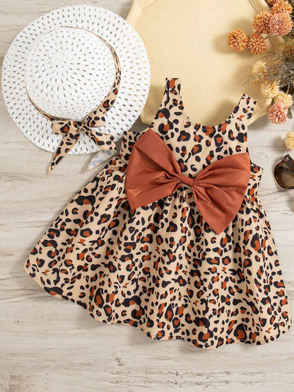 100% Cotton Two Piece Leopard Square Neck Sleeveless Bowknot Dress with Hat Set