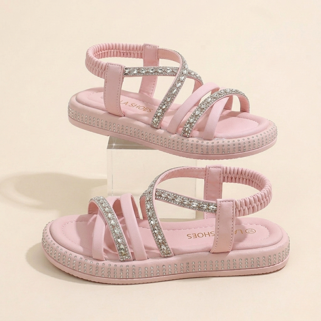 Sandales plates à brides croisées en cristal pour fille – Été élégant avec dos élastique