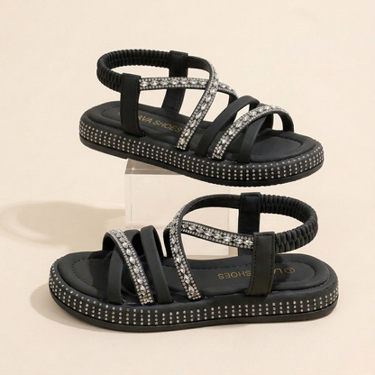 Sandales plates à brides croisées en cristal pour fille – Été élégant avec dos élastique