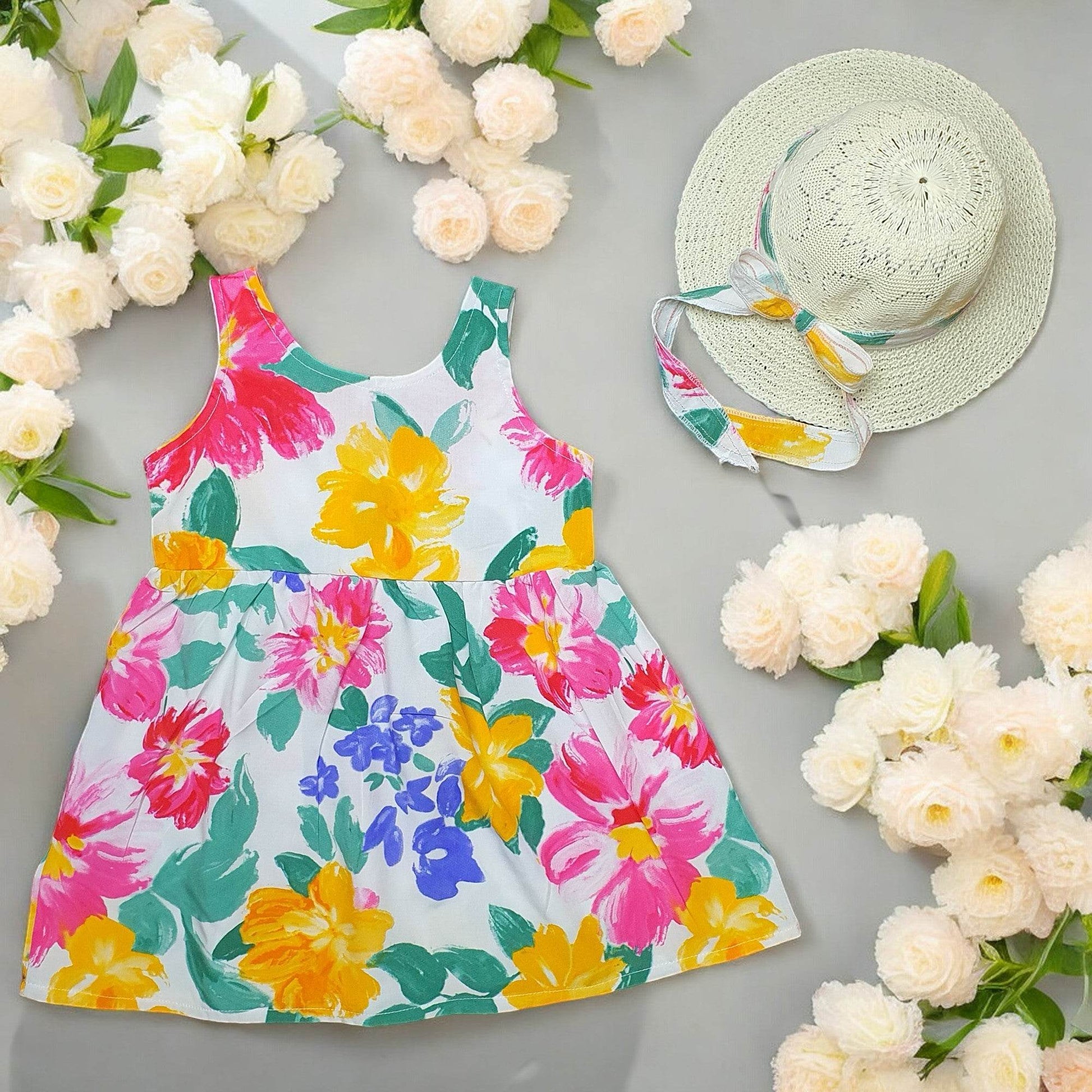 Colorful floral dress, and sun hat - IRRAKIDS