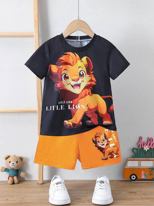 Little boys cartoon lion pattern short sleeve t-shirt set