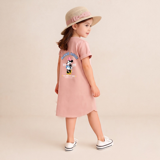 Pure Cotton Girls long shirt– Cartoon Summer home and out Dress with a matching sun hat