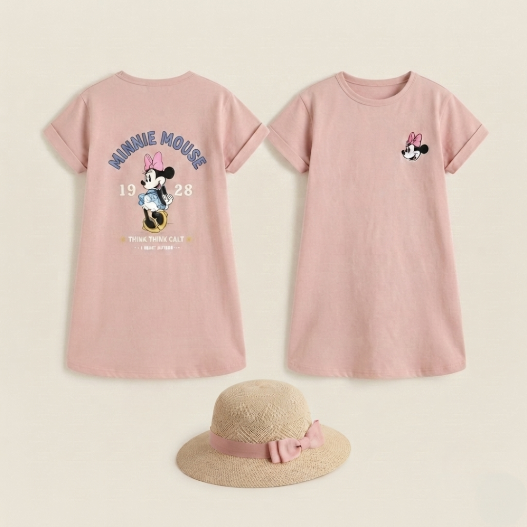 Pure Cotton Girls long shirt– Cartoon Summer home and out Dress with a matching sun hat