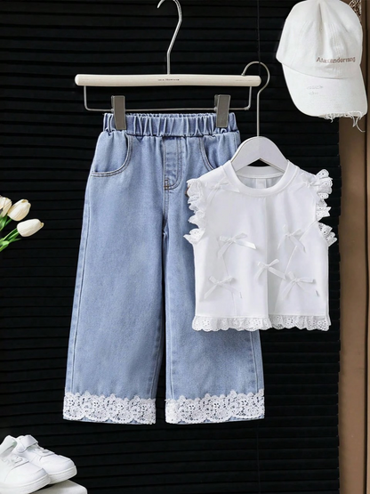 Ensemble 2 pièces d'été pour petite fille : haut à nœud et pantalon large en dentelle