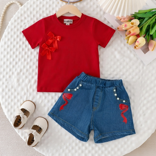 Ensemble d'été 2 pièces short en jean et t-shirt rouge avec nœud pour fille