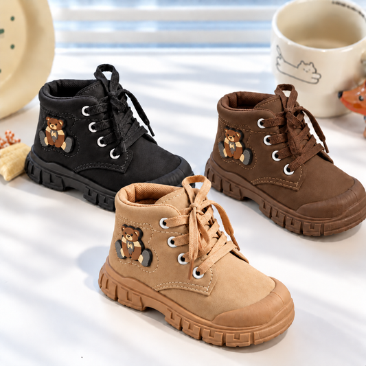 Bottines à lacets Teddy Bear pour enfants avec finition mate douce, col rembourré et semelle épaisse – Style automne et hiver au quotidien en beige, marron et noir