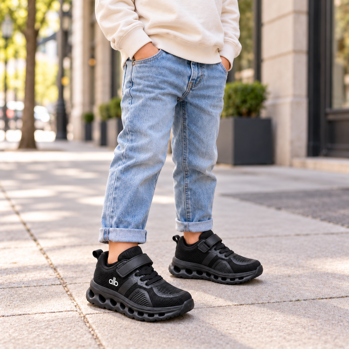 Baskets de sport pour enfants en maille avec empiècements élégants et semelle épaisse ajourée, style décontracté pour le quotidien, disponibles en noir, gris et bleu marine