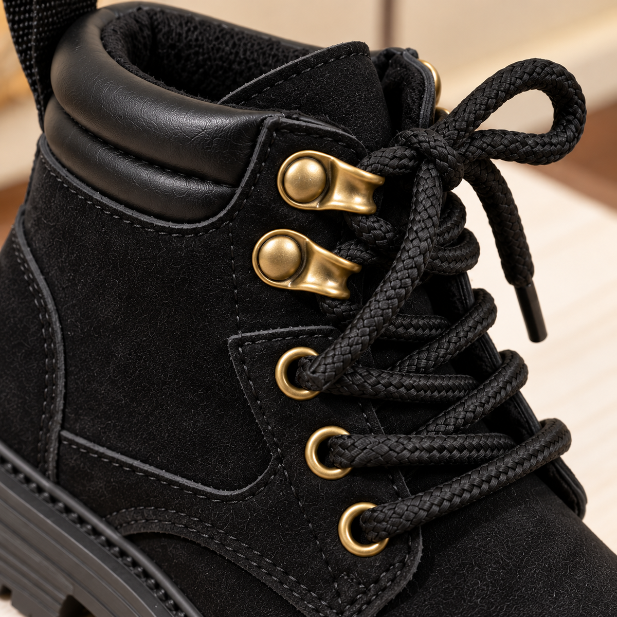 Bottines à lacets pour enfant avec cols rembourrés, semelles épaisses et style outdoor classique – Disponibles en noir, camel et taupe