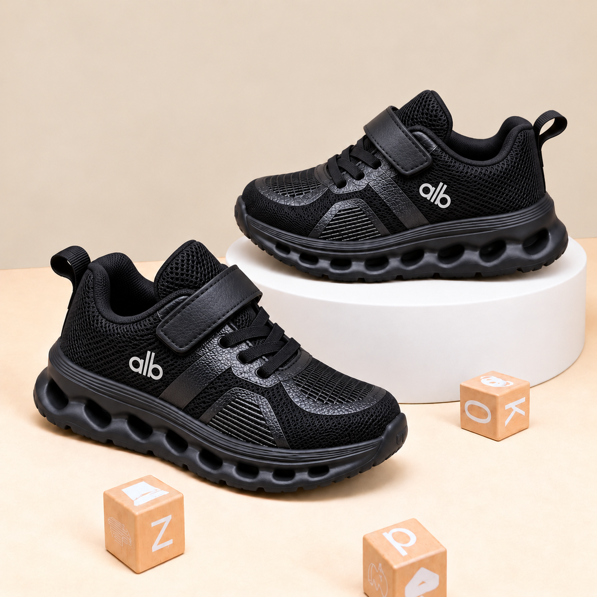 Baskets de sport pour enfants en maille avec empiècements élégants et semelle épaisse ajourée, style décontracté pour le quotidien, disponibles en noir, gris et bleu marine