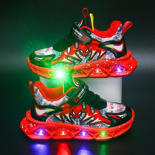 Baskets lumineuses LED pour enfants : chaussures de sport décontractées en cuir PU rouge et bleu – Tailles 21-35