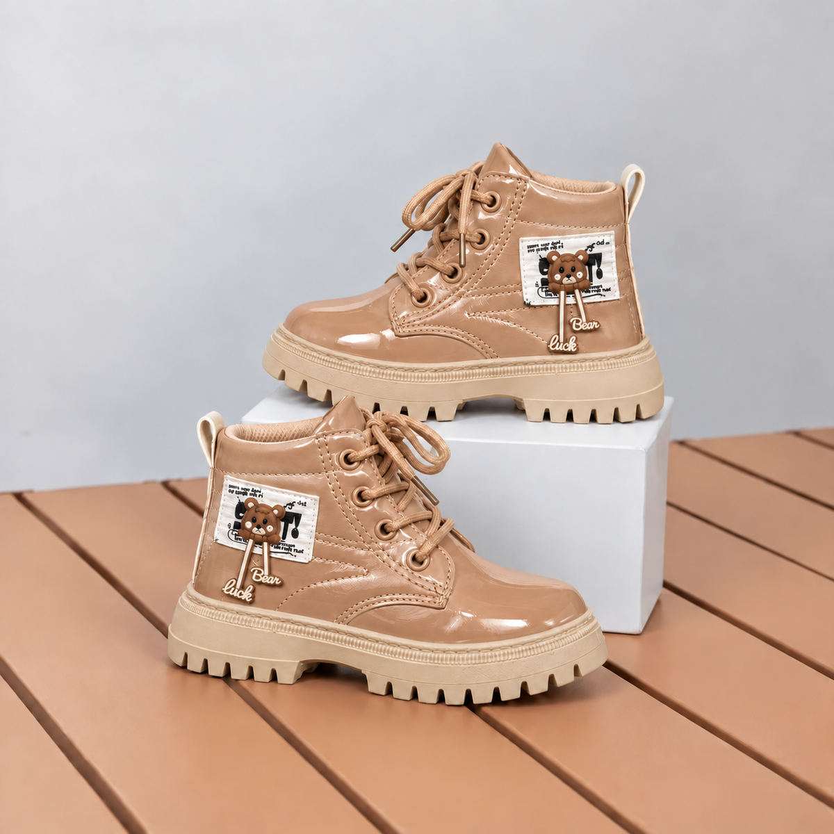 Girls’ Glossy Lace-Up Ankle Boots with Chunky Soles and Cute Bear Details