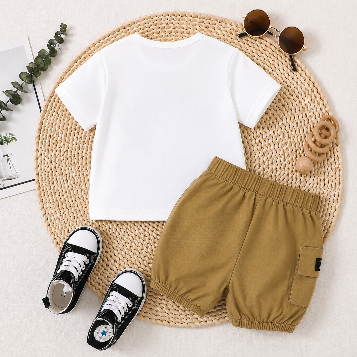 2pcs Baby Boy Dinosaur Print Glasses Tee & Cargo Shorts Summer Set,