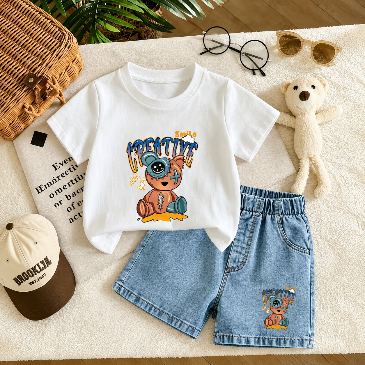 Ensemble d'Été Enfant T-Shirt Motif Ours et Short en Jean 🧸👕👖