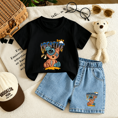 Ensemble d'Été Enfant T-Shirt Motif Ours et Short en Jean 🧸👕👖