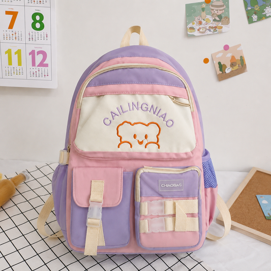 Kids Pastel Bear School Backpack – Multi-Pocket Cute & Practical Design