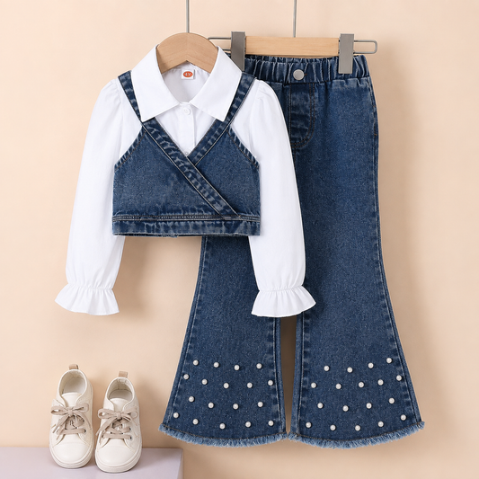 Girls' 3-Piece Denim Flare Pants Set with White Puff Sleeve Shirt & Layered Denim Camisole